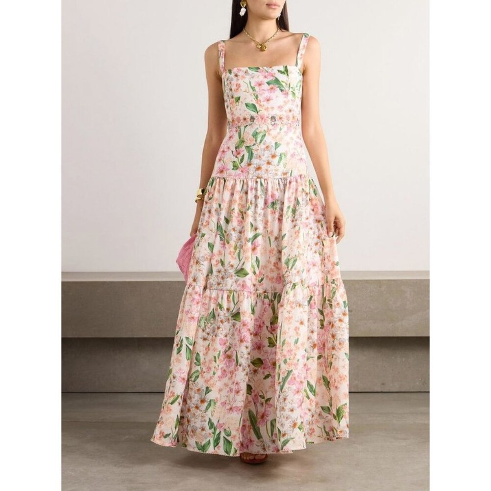 AGUA BY AGUA BENDITA Lima Jardiniera Tiered Floral Linen Maxi Dress